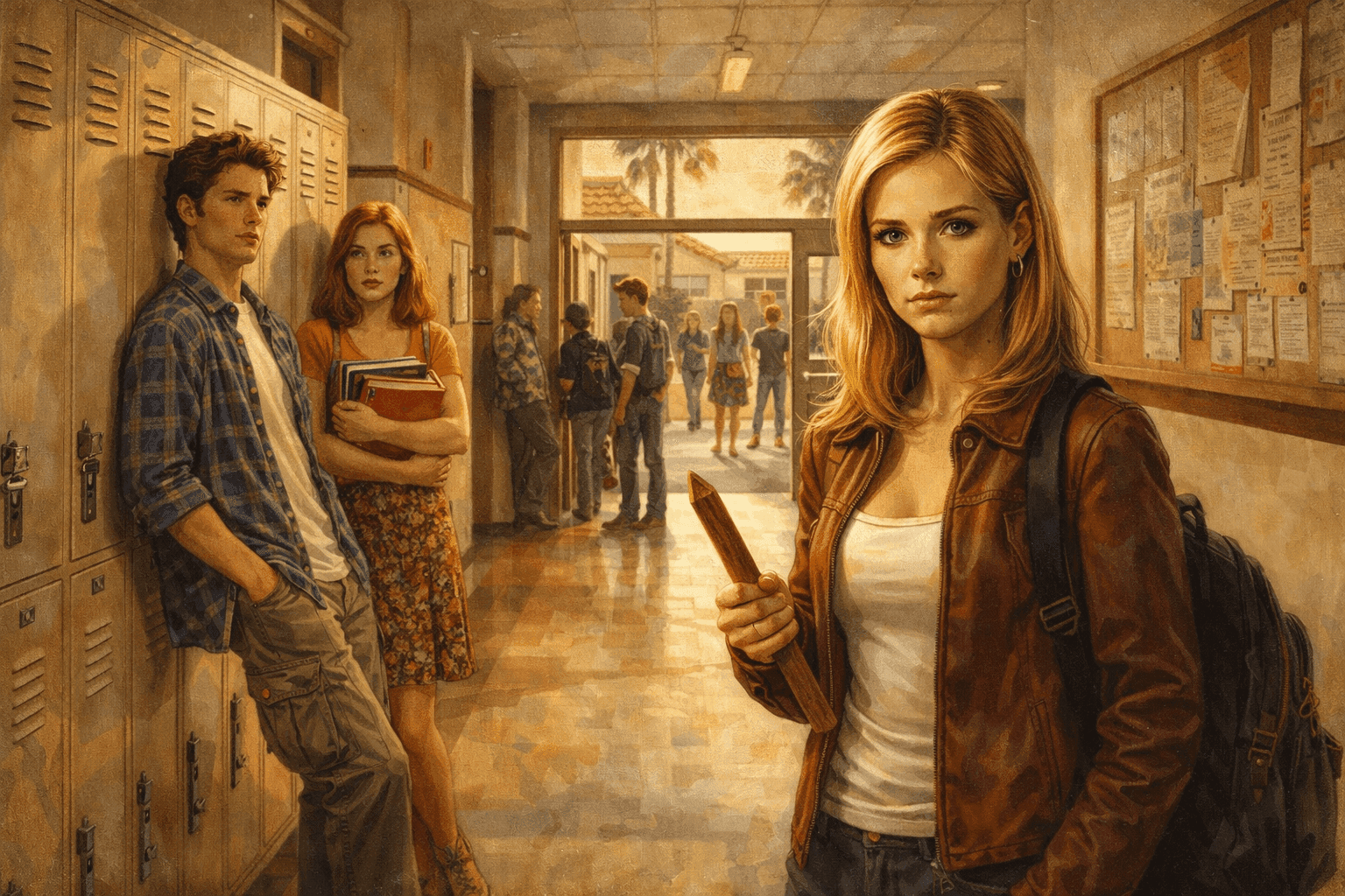 Historical illustration of 1990s high school setting with California suburban architecture and teen culture atmosphere