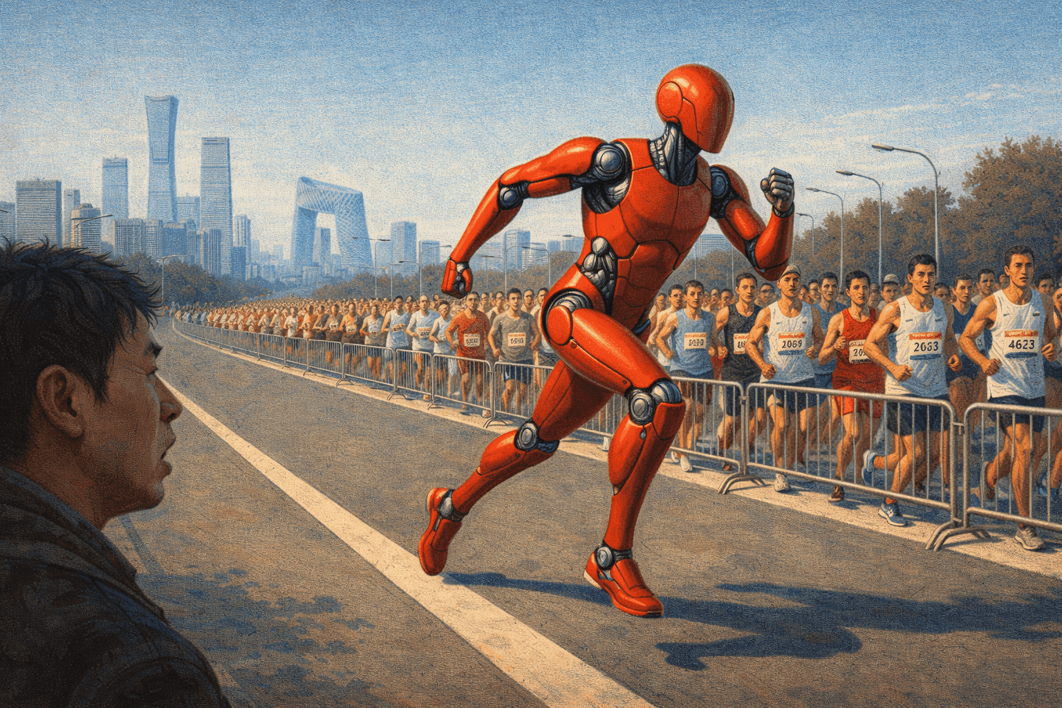A bright-red humanoid robot named Lightning running past human competitors at the Beijing half marathon, April 2026
