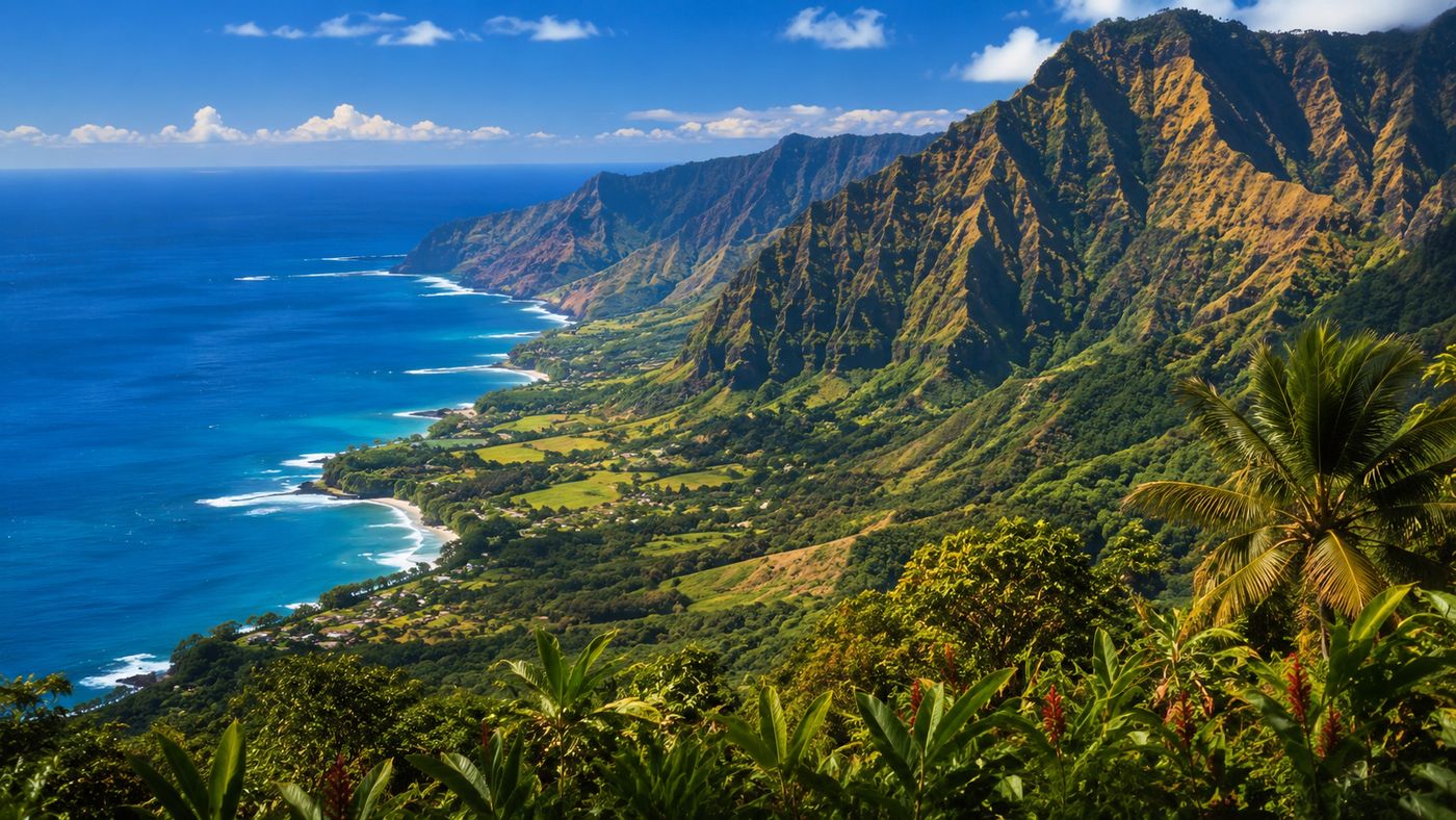 A panoramic Hawaiian landscape with volcanic mountains, lush tropical vegetation, and the Pacific Ocean visible in the distance under a vivid blue sky