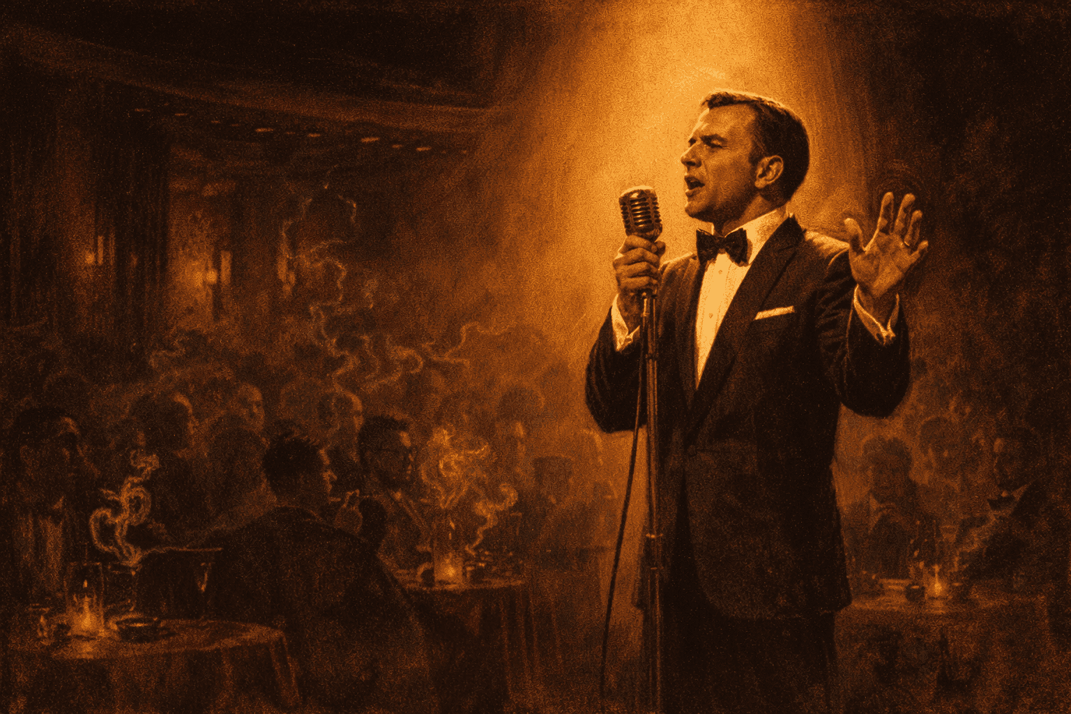 A lone male singer in a tuxedo performing under a single spotlight on a large nightclub stage in the 1950s