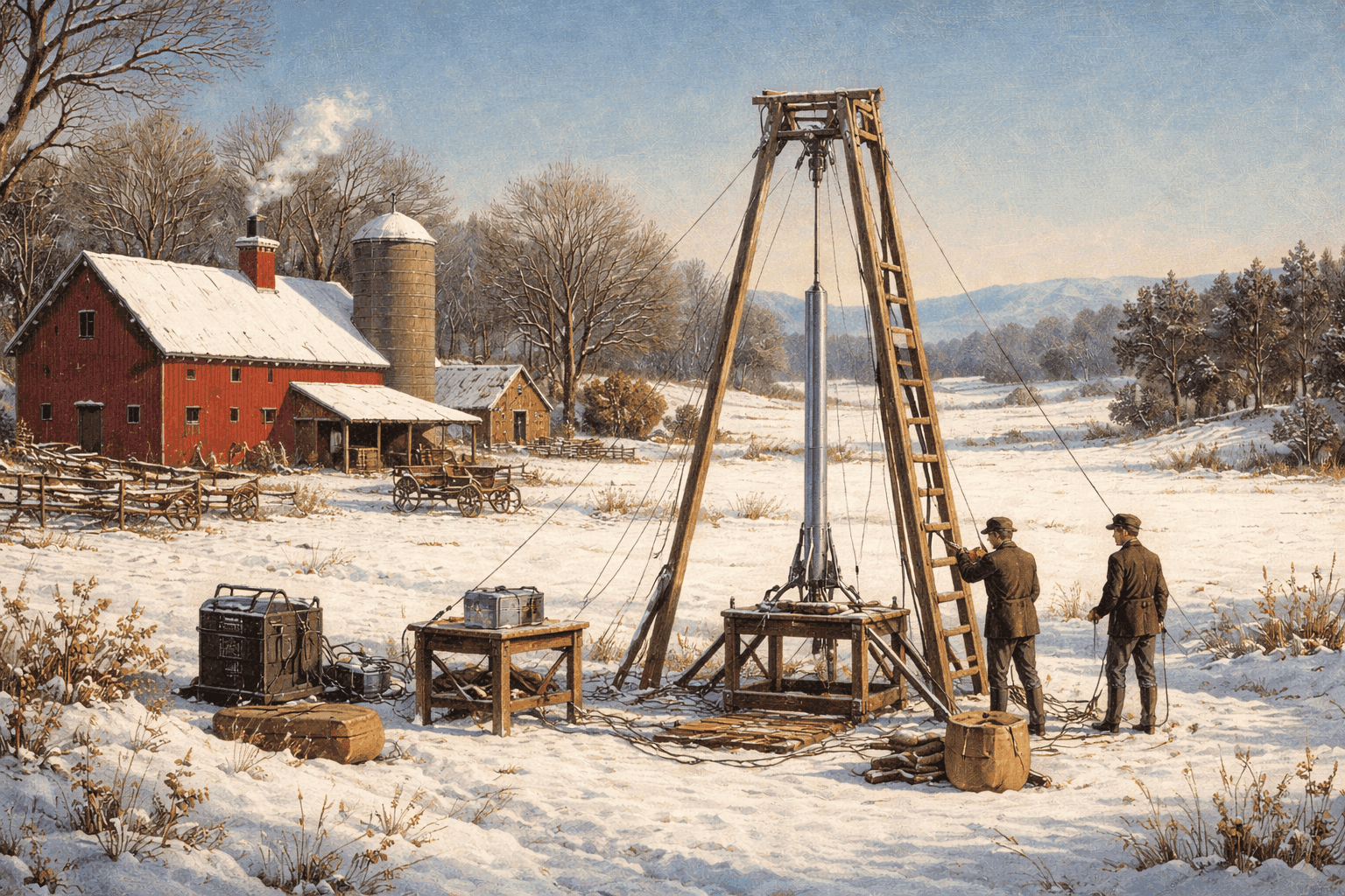 Historical illustration of 1920s New England farm with early rocket equipment and rural landscape