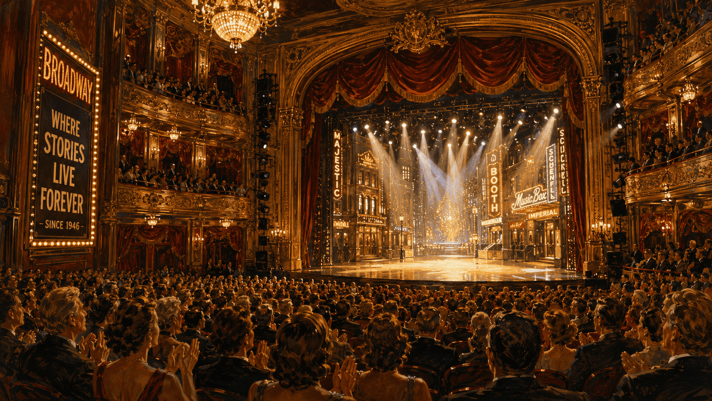 The grand interior of a Broadway theater at curtain call, chandeliers ablaze, audience on their feet