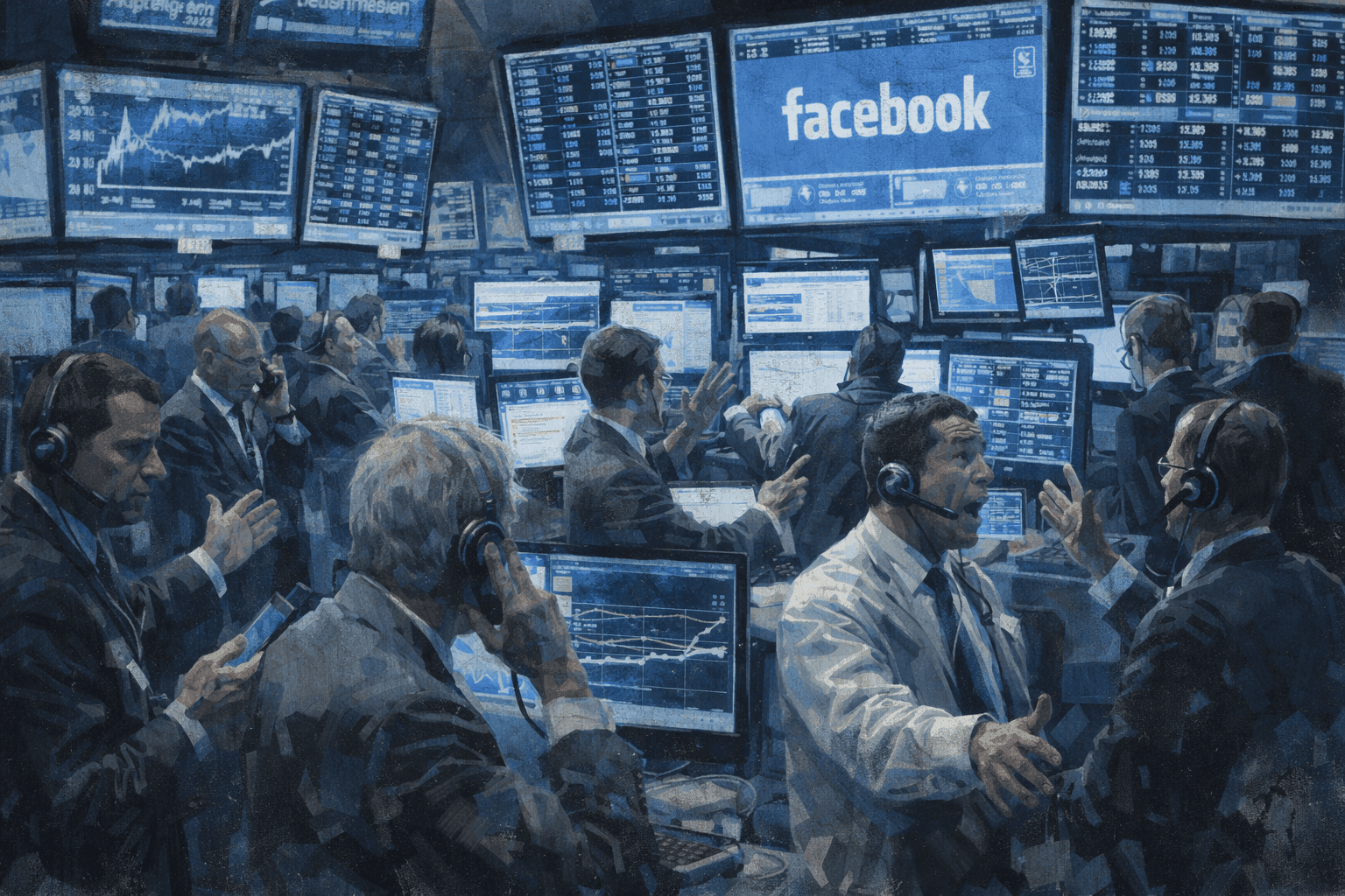 The NASDAQ stock exchange trading floor in New York City with screens showing stock prices and traders at their stations