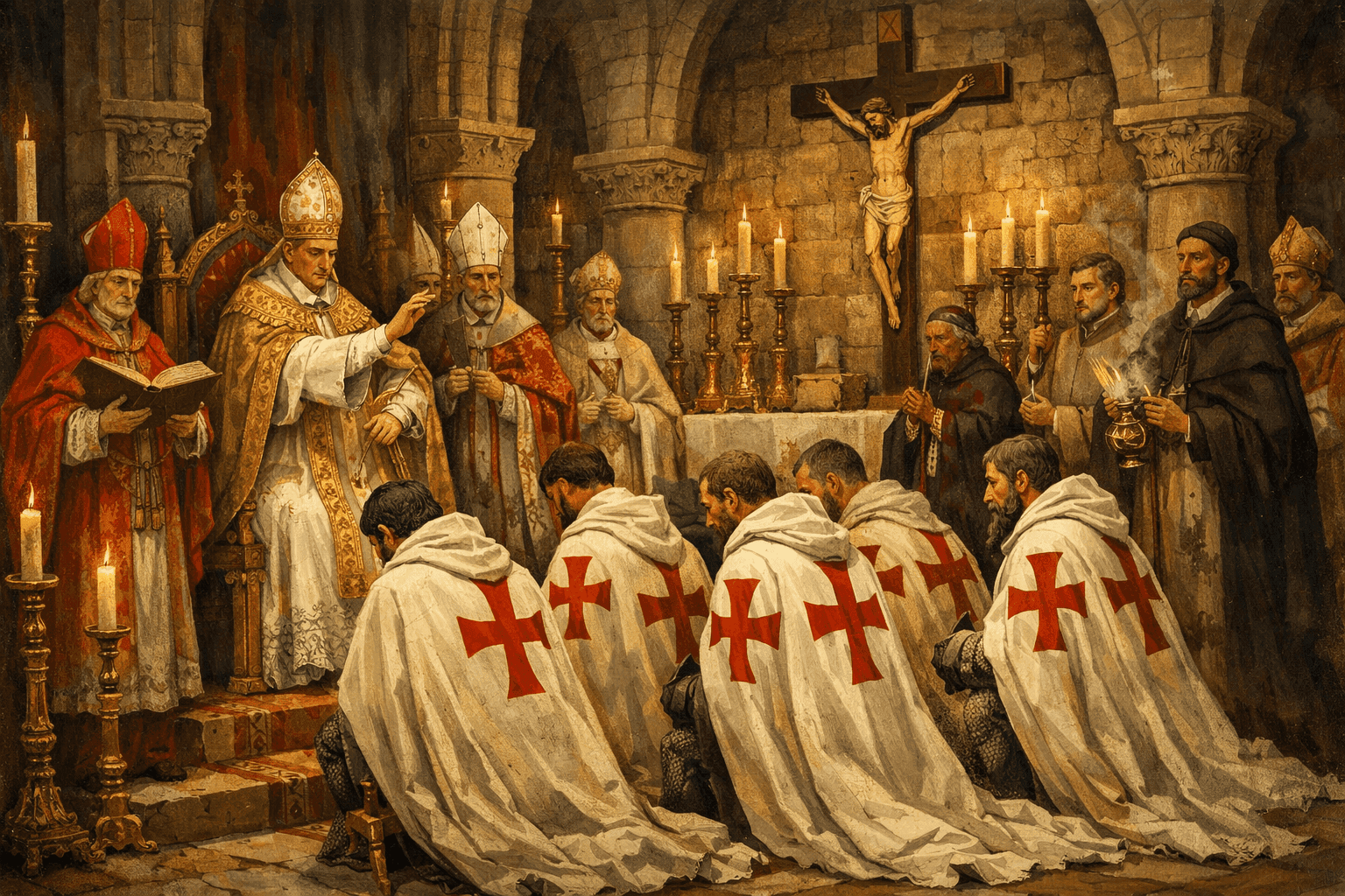 Knights Templar receiving papal recognition in 1128 at the Council of Troyes with medieval ceremony and religious authority