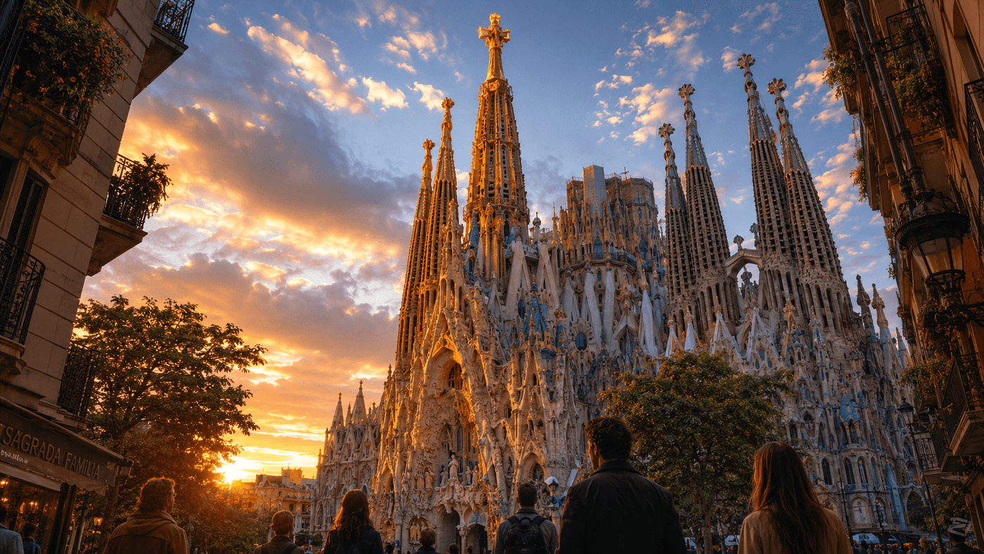 The soaring towers of the Sagrada Família basilica rising above Barcelona against a golden sky