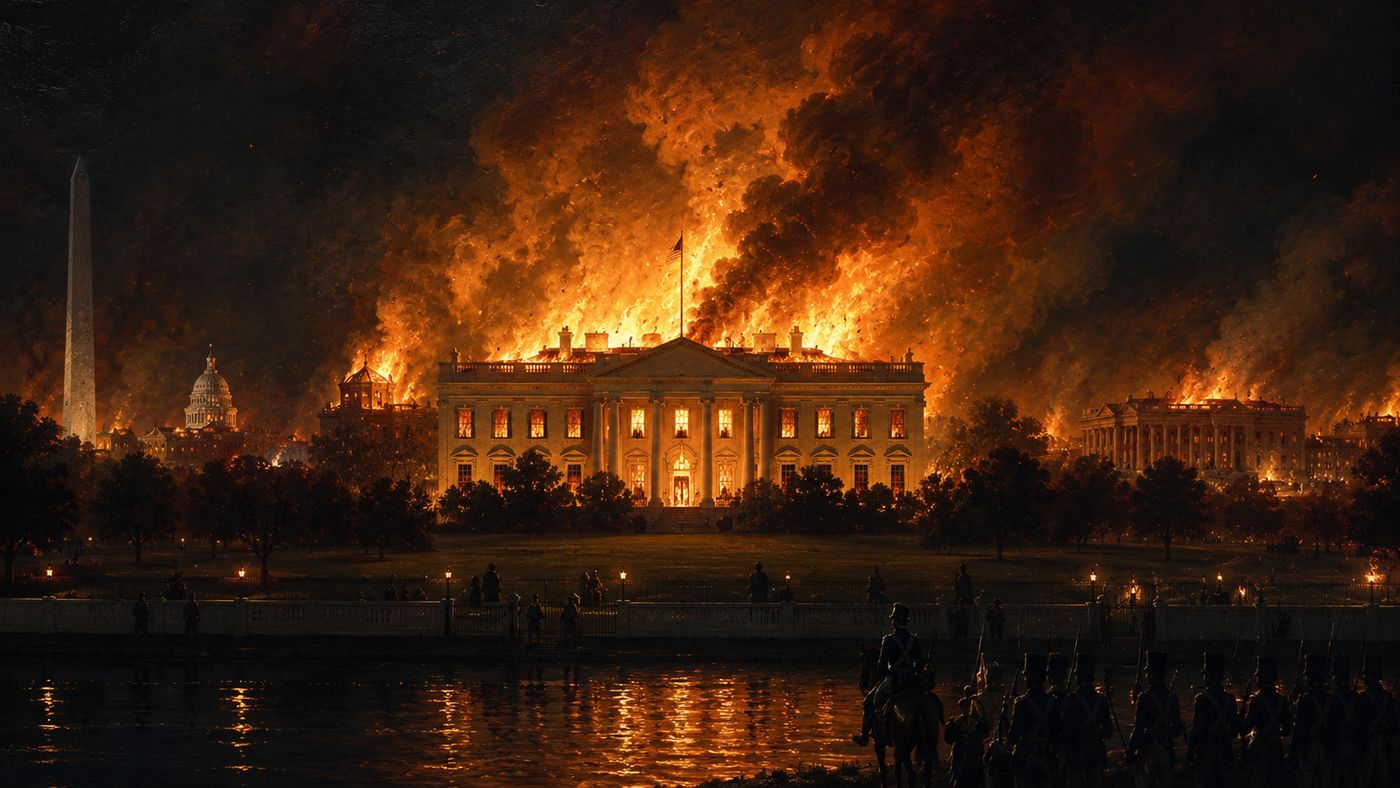 The White House in flames at night, smoke and fire visible against a dark sky, the building's classical facade illuminated by the blaze