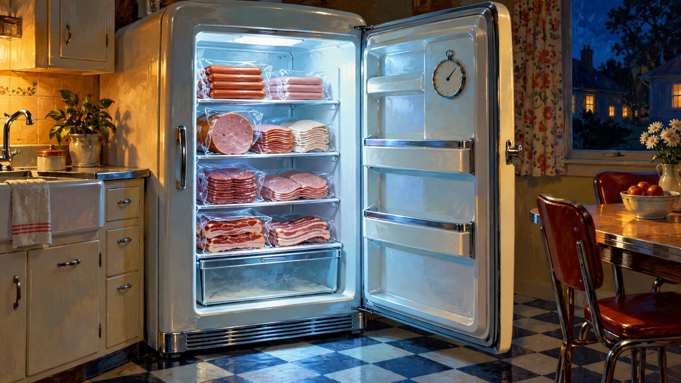 An open vintage refrigerator glowing with cool light, its shelves stocked with packaged hot dogs, bacon, and deli meats