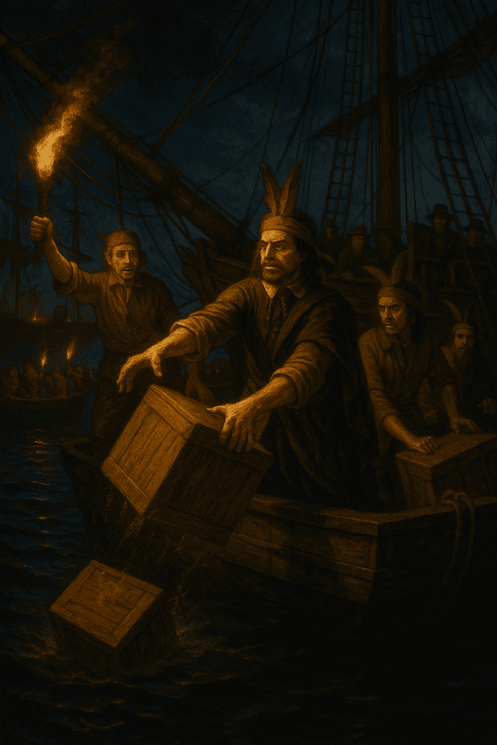 Colonists disguised as Native Americans dumping tea chests from ships into Boston Harbor at night, with torches illuminating the dramatic scene
