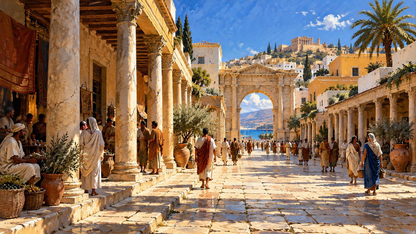 A painterly illustration of a late Roman North African city — whitewashed buildings and colonnaded streets under a bright Mediterranean sky, the landscape of Roman Algeria rendered in warm ochre and stone