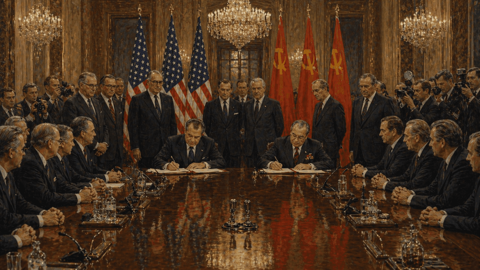 American and Soviet officials in formal attire signing documents at a long table during a Moscow summit ceremony in 1972