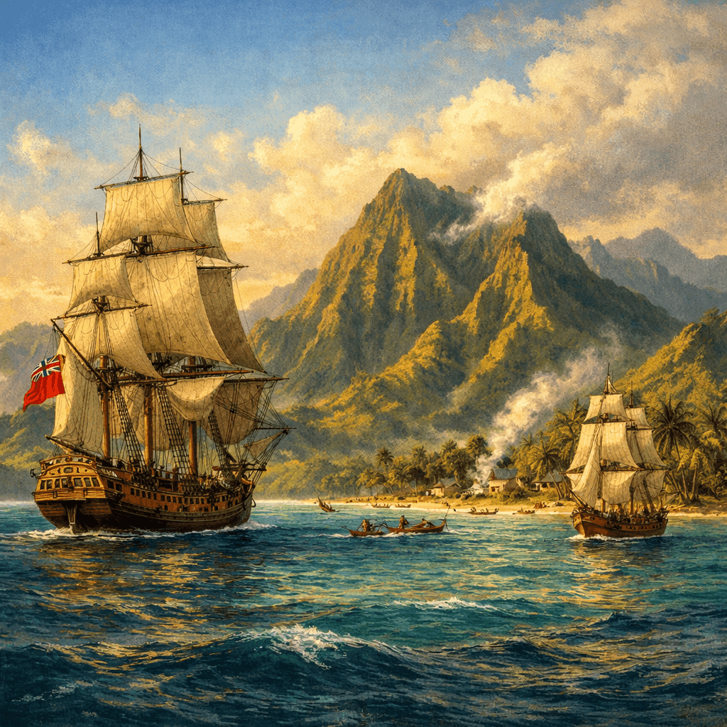 Captain Cook's ships approaching the lush Hawaiian islands with volcanic mountains rising from the ocean