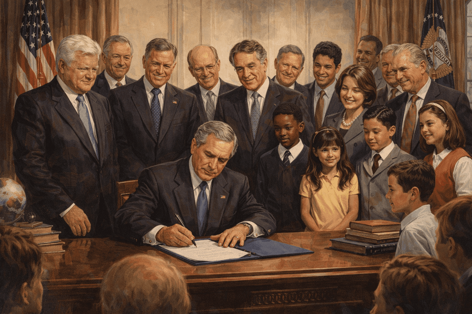 President George W. Bush signing the No Child Left Behind Act in 2002 surrounded by educators, legislators, and students