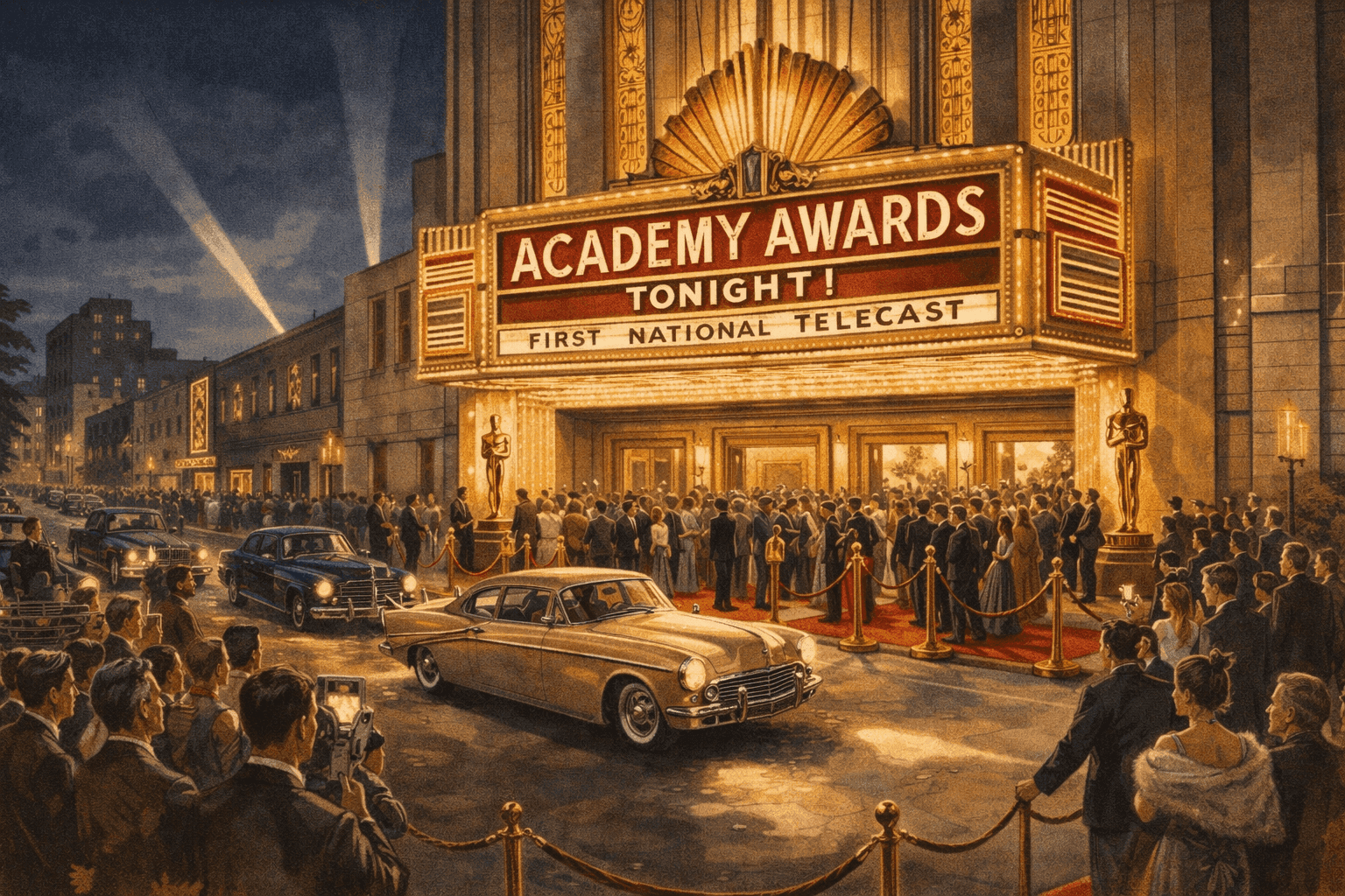 Historical illustration of 1950s Hollywood theater with Art Deco architecture and glamorous atmosphere