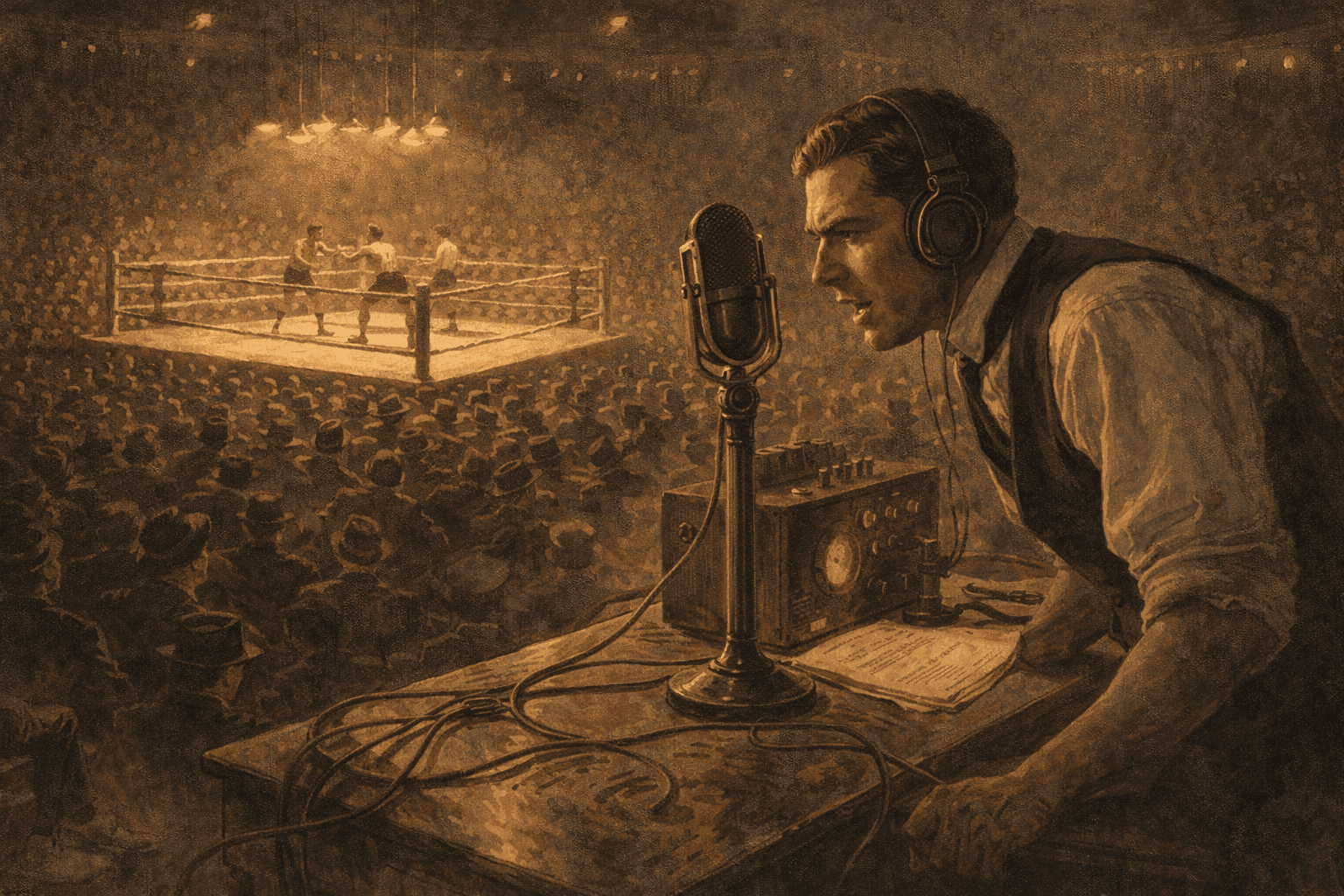 A 1920s radio announcer at a broadcast microphone in a crowded boxing arena with fighters in the ring behind him