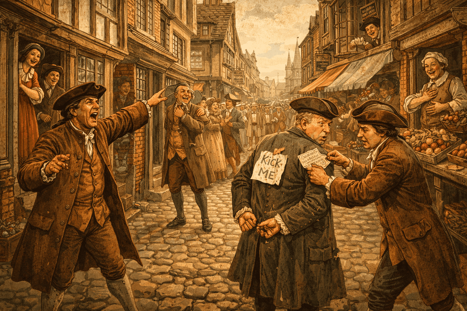 A lively 18th-century British street scene with townspeople engaged in pranks and mischief on April Fools' Day