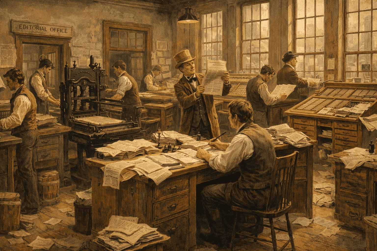 Historical illustration of 1830s Boston newspaper office with printing press and period furnishings