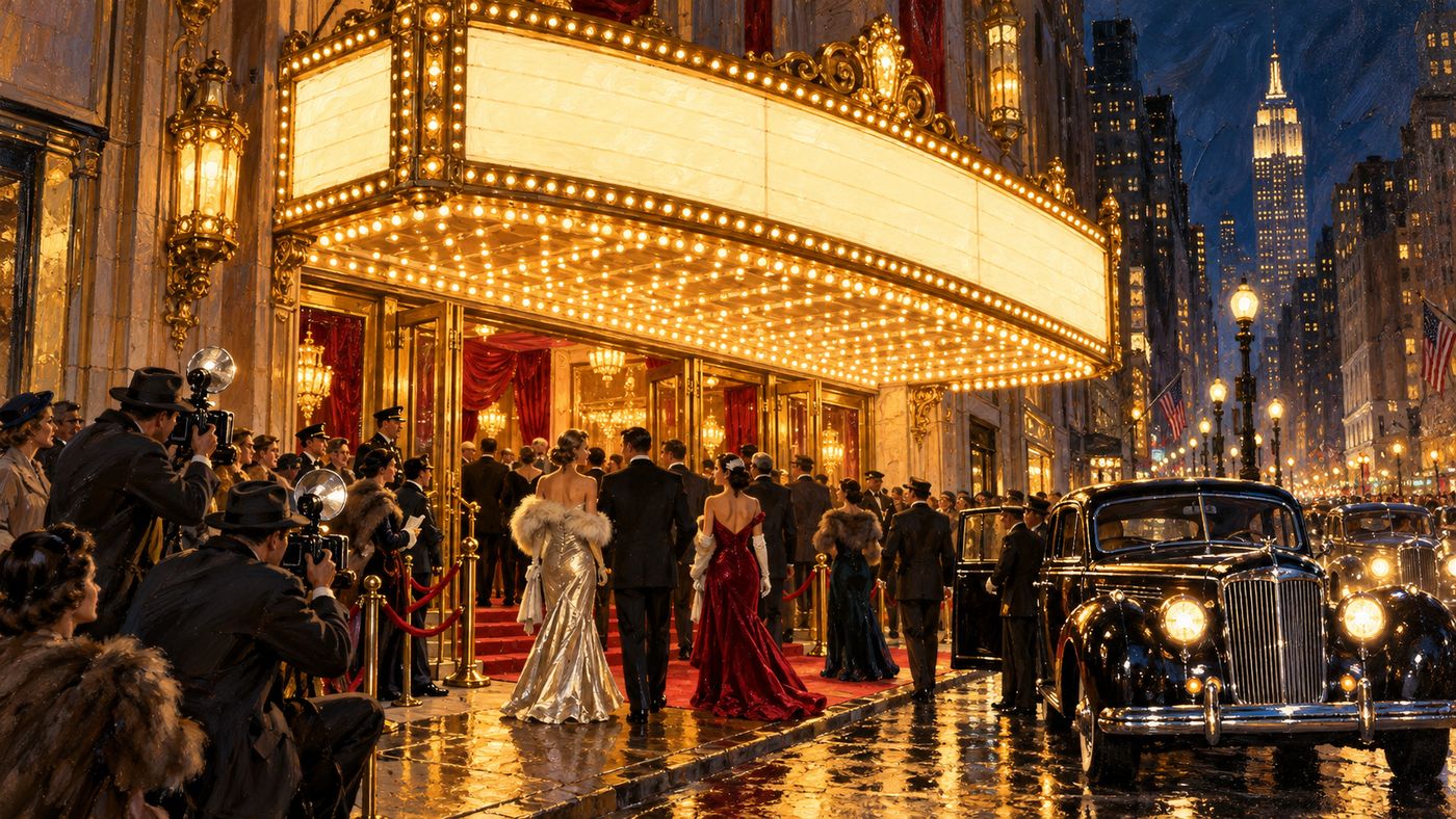 A painterly illustration of a grand 1940s Broadway movie palace exterior at night — the theater marquee blazing with light above a dressed crowd arriving for a premiere, the glamour of a major Hollywood opening in wartime New York