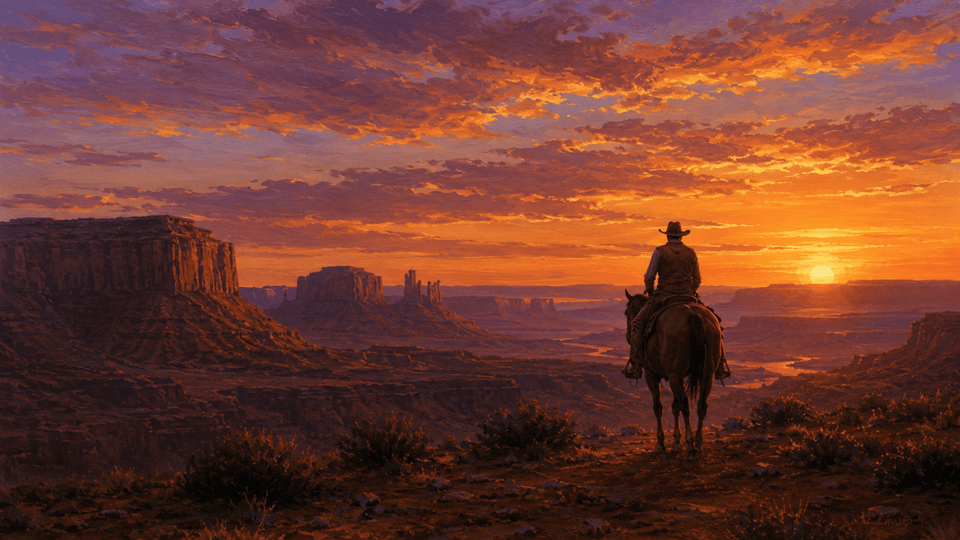 A lone cowboy on horseback silhouetted against a vast red rock Western canyon landscape at sunset