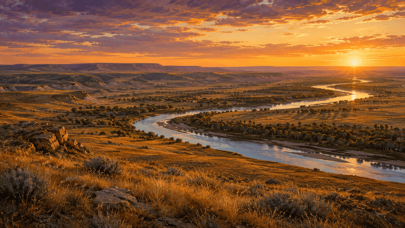 A wide Montana prairie landscape at golden hour with rolling hills and a winding river visible in the valley below