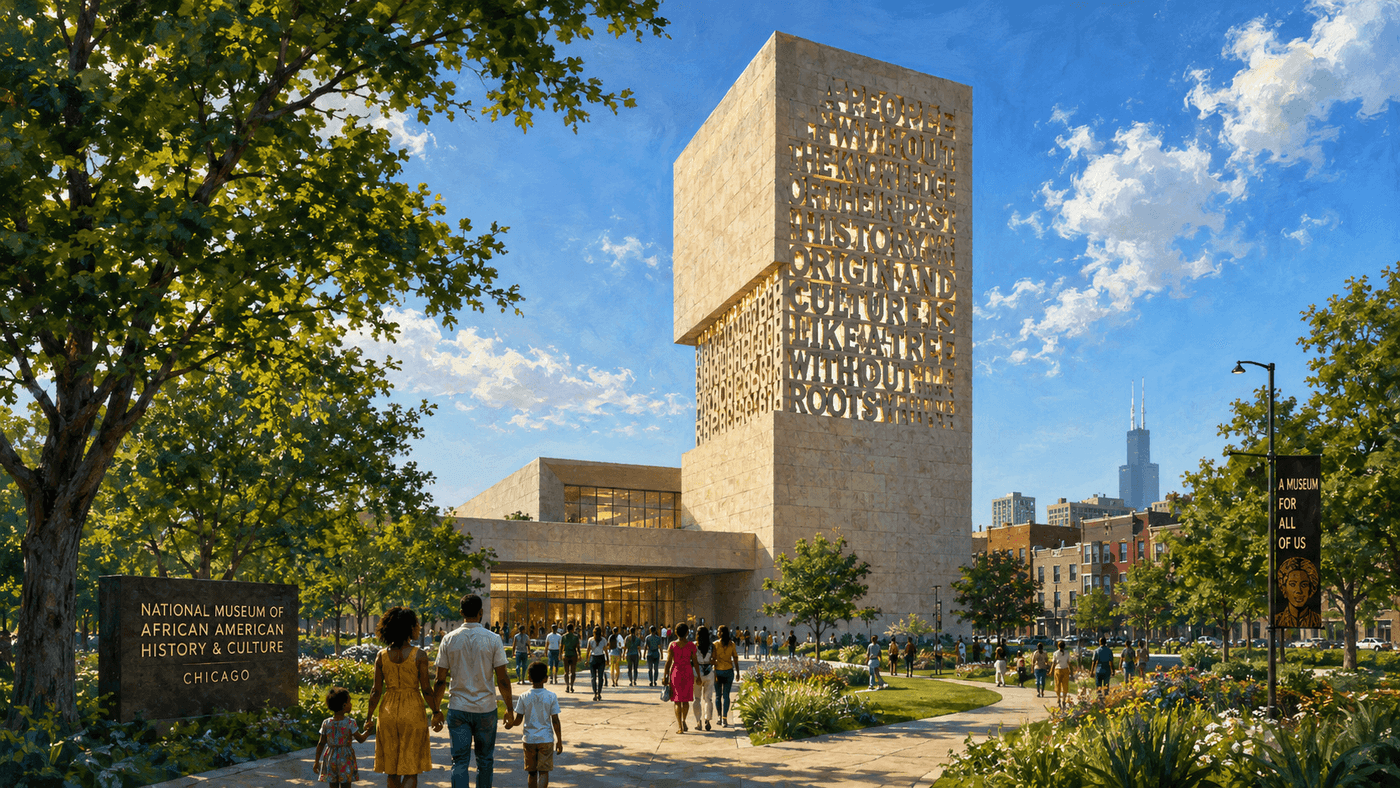 The Obama Presidential Center museum tower rising above Jackson Park on Chicago's South Side