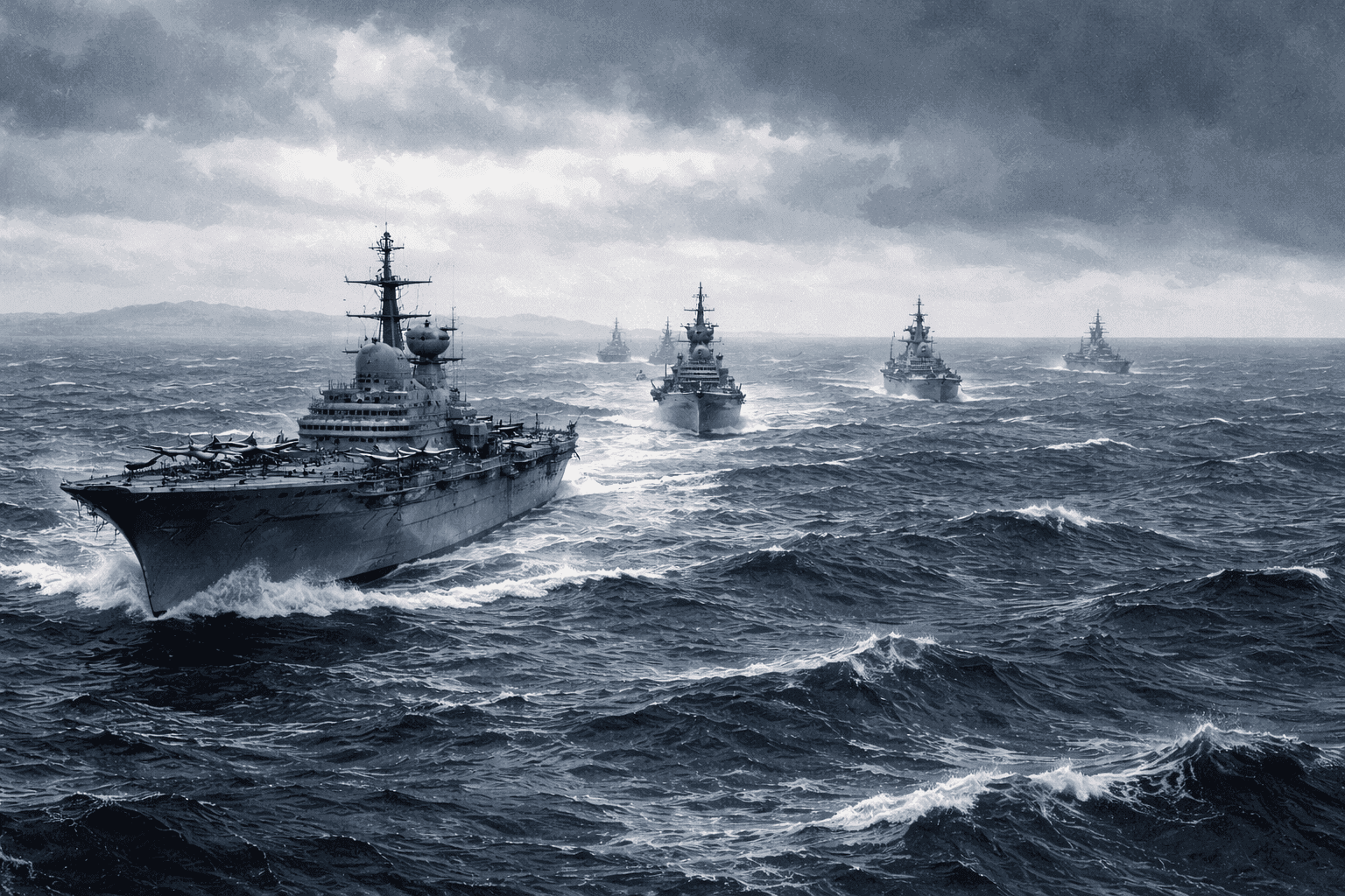 A British naval task force at sea in the South Atlantic with gray warships cutting through rough winter swells