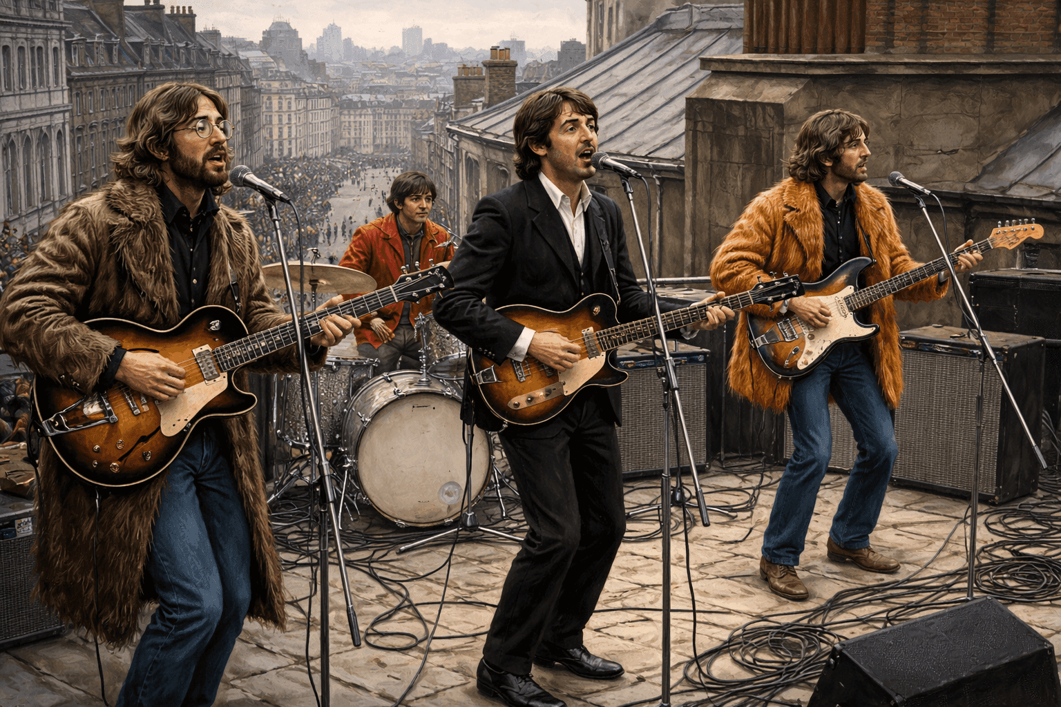 The Beatles performing on the Apple Corps rooftop with London cityscape visible and pedestrians gathering below