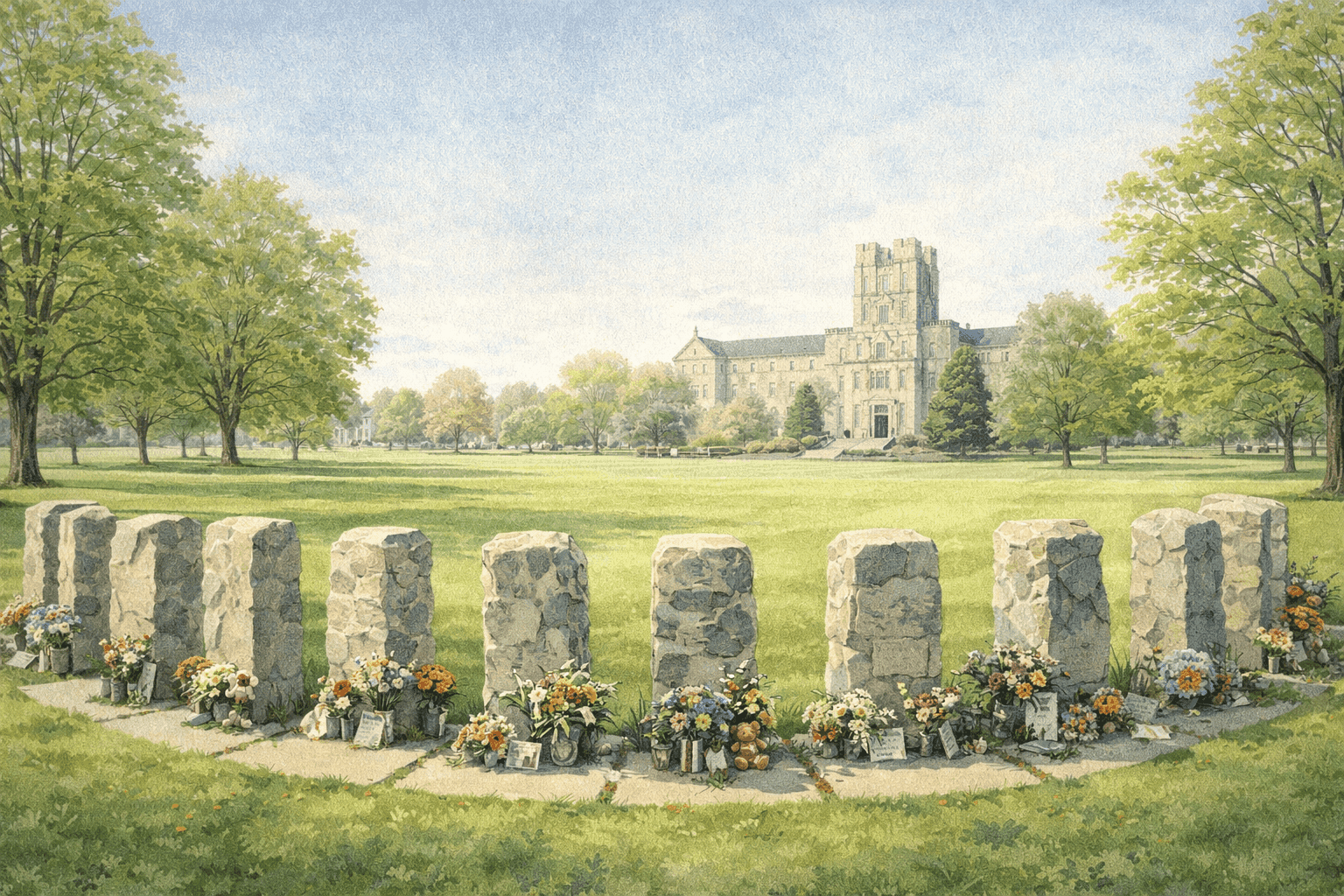Thirty-two limestone memorial stones arranged in a semicircle on a green university drillfield surrounded by trees