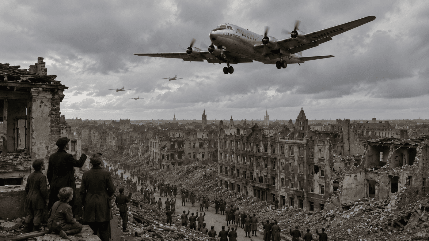 A 1940s cargo plane flying low over a devastated European city, crowds of civilians watching from the street below