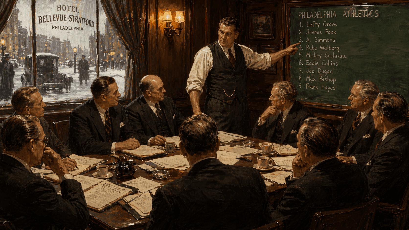 A 1930s scene of NFL team executives gathered around a chalkboard in a hotel meeting room for the first NFL Draft in 1936