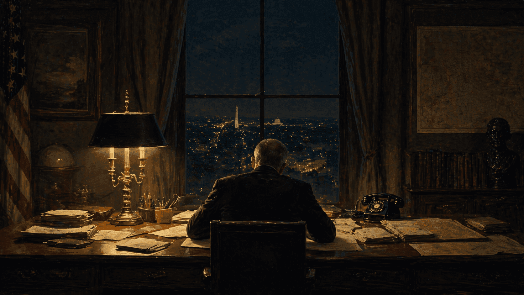 Diplomatic envoys in urgent consultation, evoking the high-stakes back-channel negotiations of history's great ceasefire moments