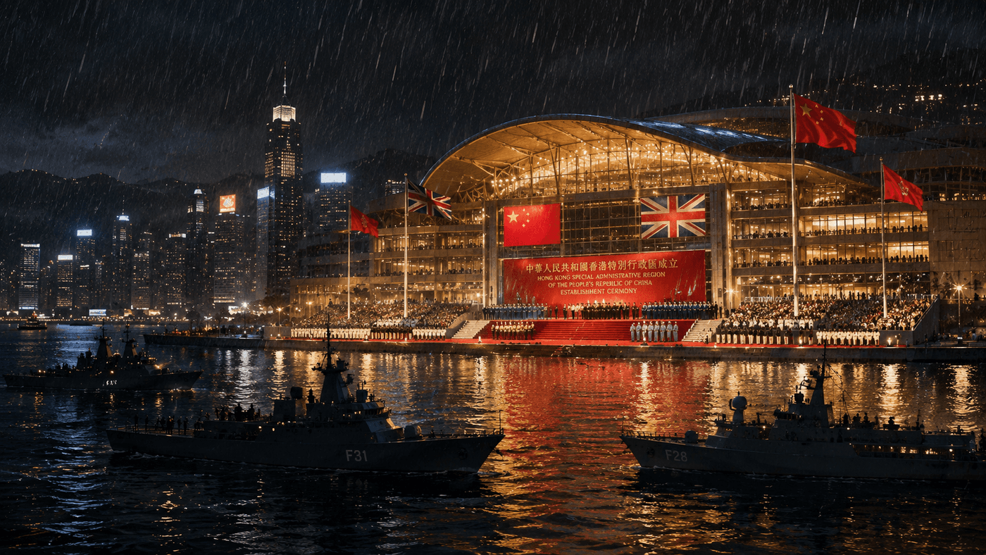 A nighttime harbor cityscape with dramatic reflections on the water, ceremonial lights illuminating a convention center beside the sea