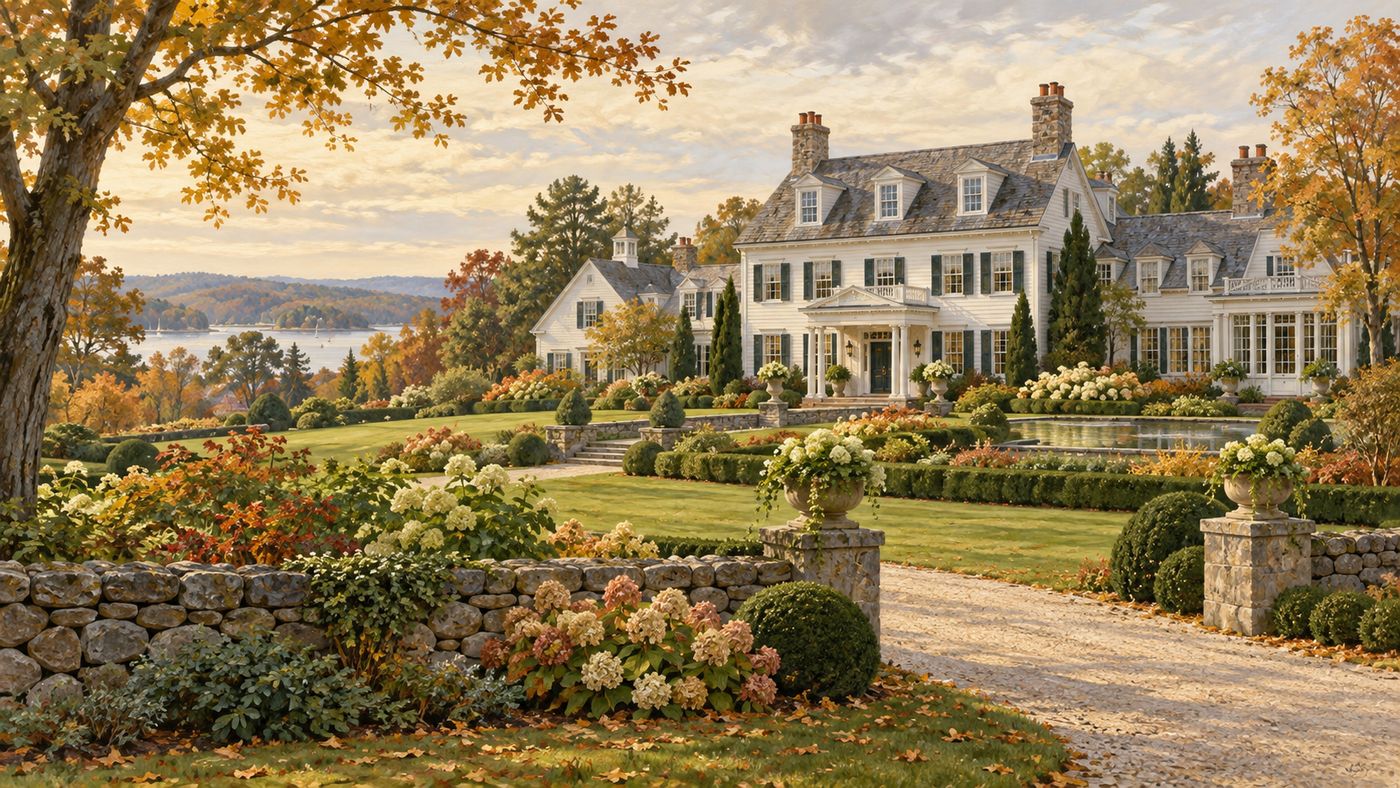 A painterly illustration of the rolling green hills of West Virginia in early autumn, wooded ridges in fall color under a pale October sky, a quiet valley road winding through the landscape