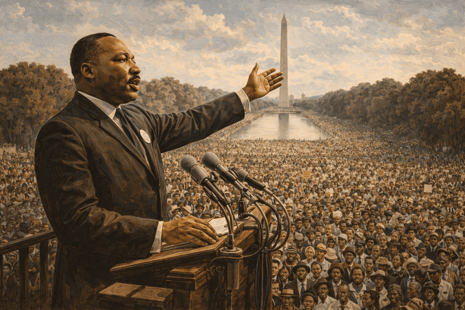 Martin Luther King Jr. addressing a vast crowd with the Washington Monument visible in the background