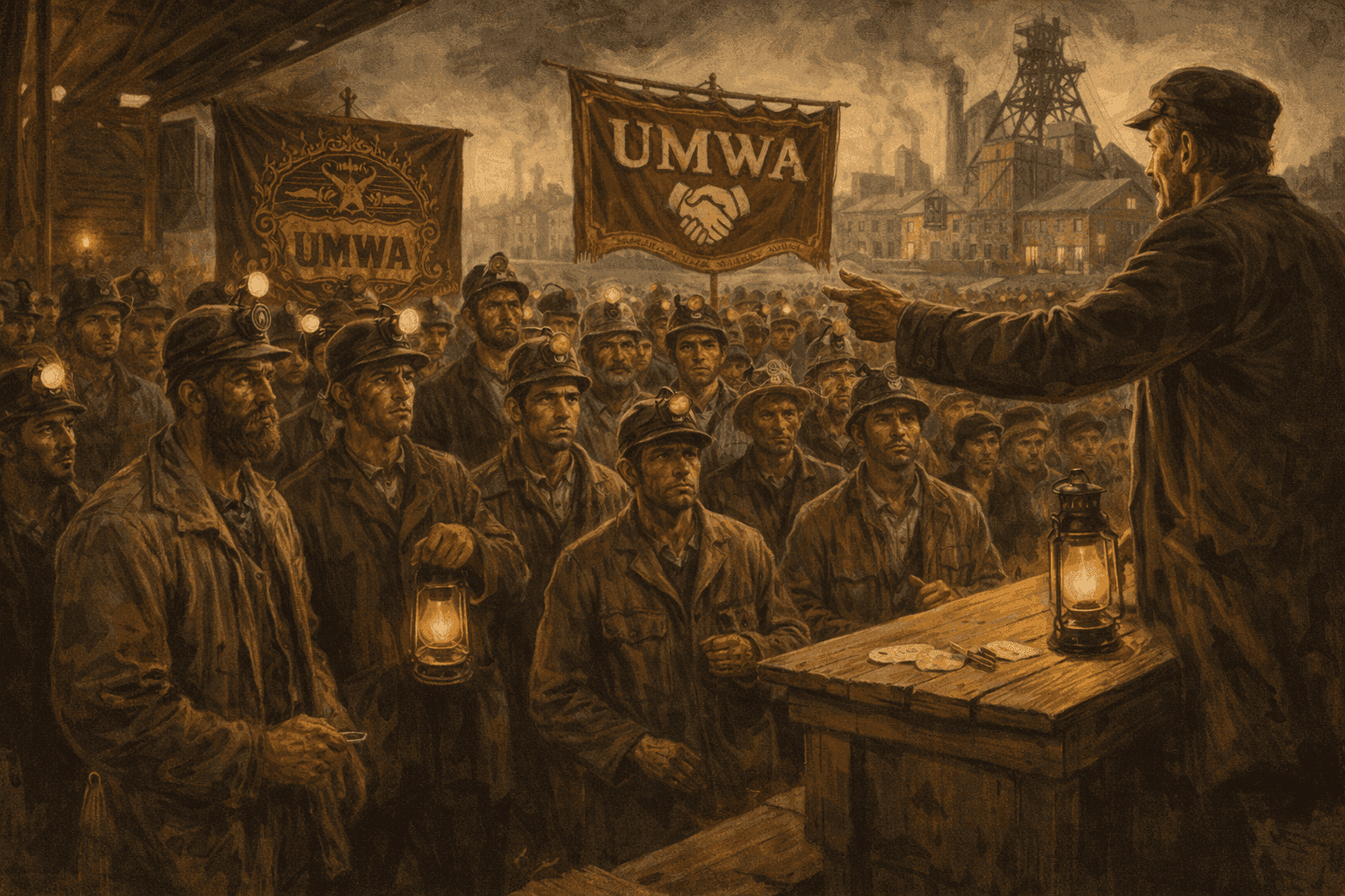 Coal miners in work clothes gathered for a union meeting in an industrial setting with UMWA banners visible