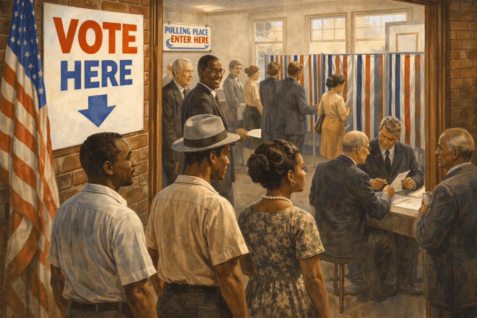 African American voters at a polling station in the 1960s with civil rights era atmosphere and voting booths visible