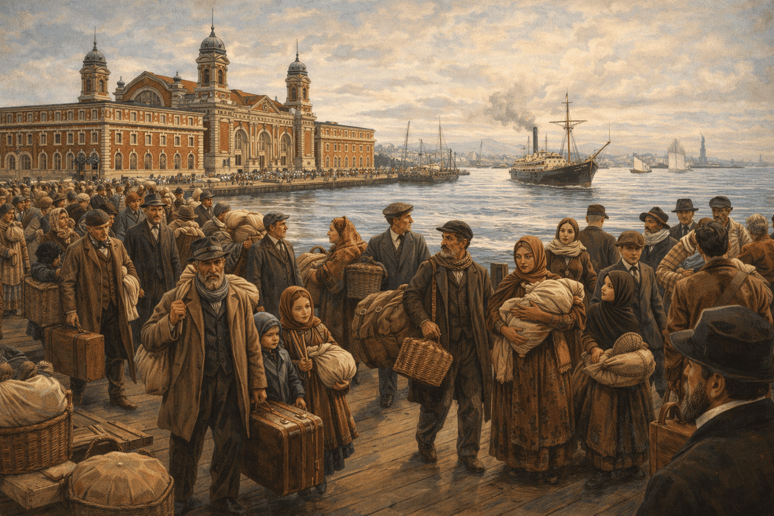 Ellis Island immigration station in 1892 with the main building, arriving immigrants with luggage, and ships in New York Harbor