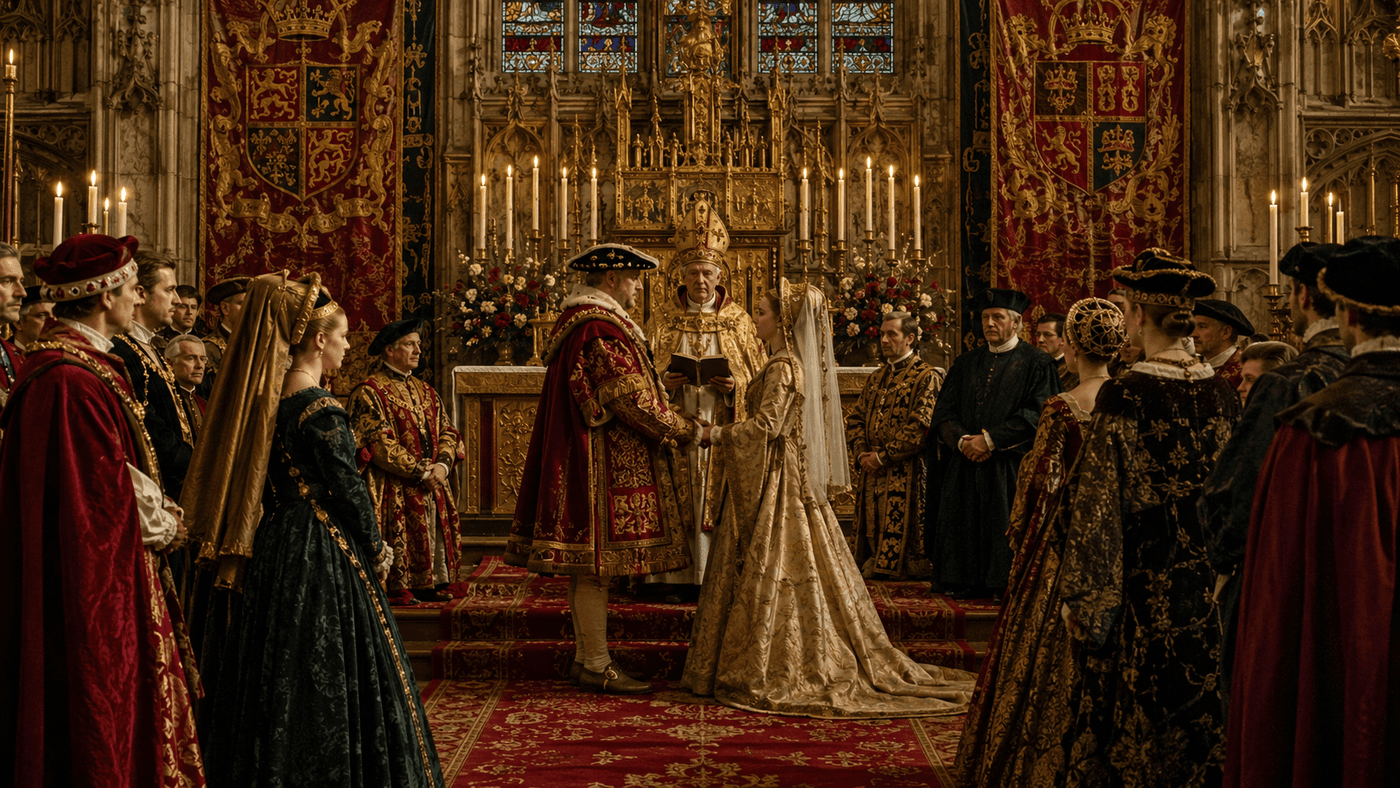 A grand Tudor-era royal chapel decorated for a wedding ceremony with tapestries candles and courtiers in period dress
