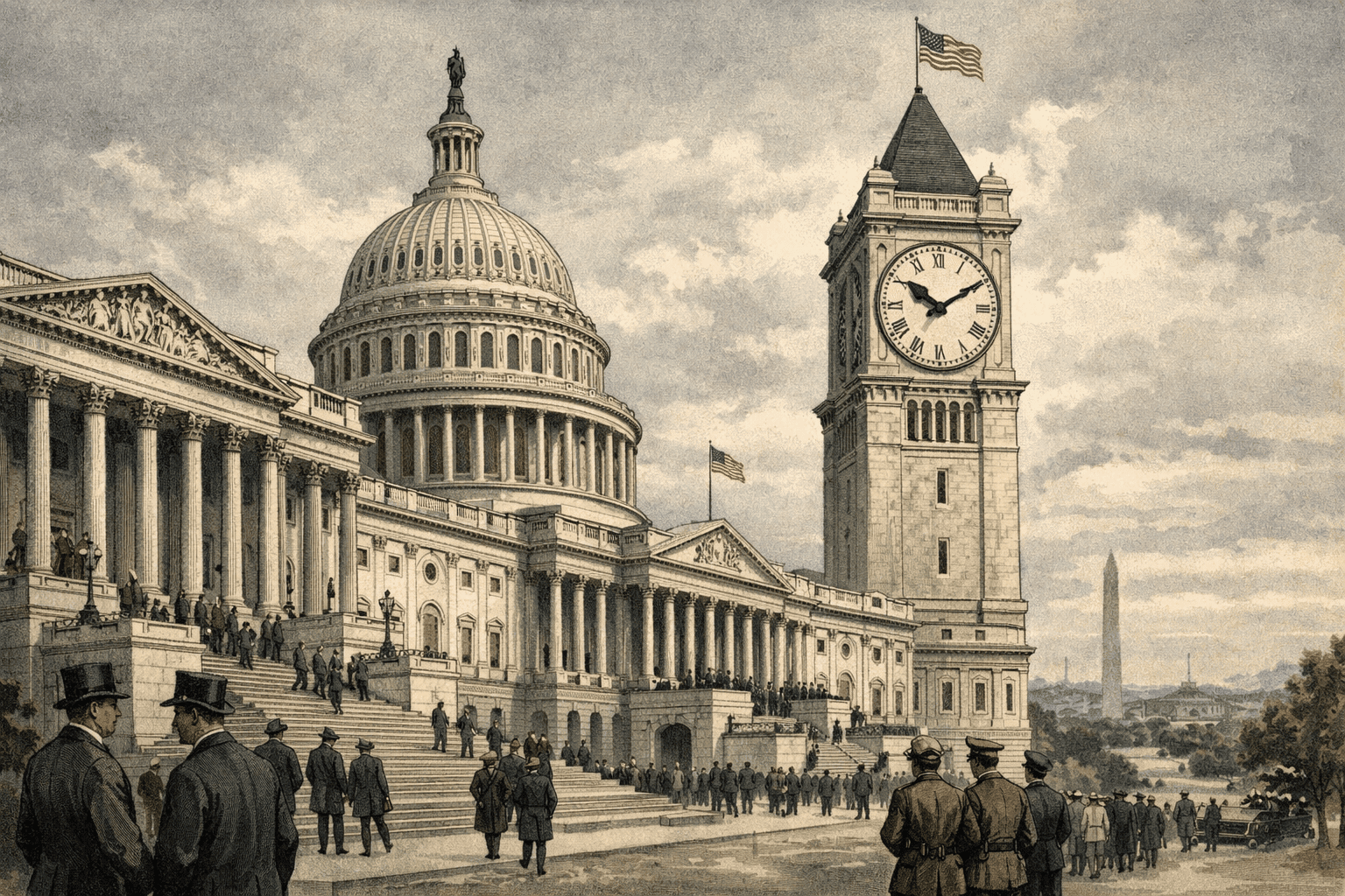 Historical illustration of 1910s U.S. Capitol building with clock tower and governmental architecture