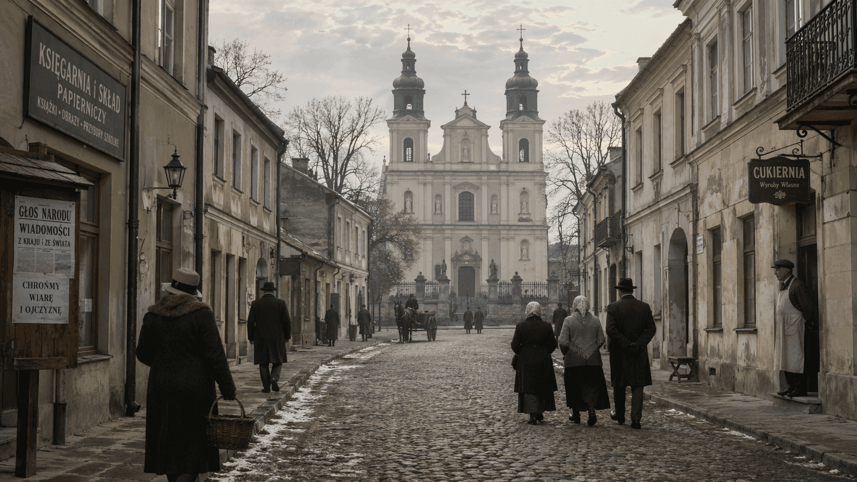 A quiet small-town Polish street in the early 20th century with a Catholic church visible at the end of the cobblestone road