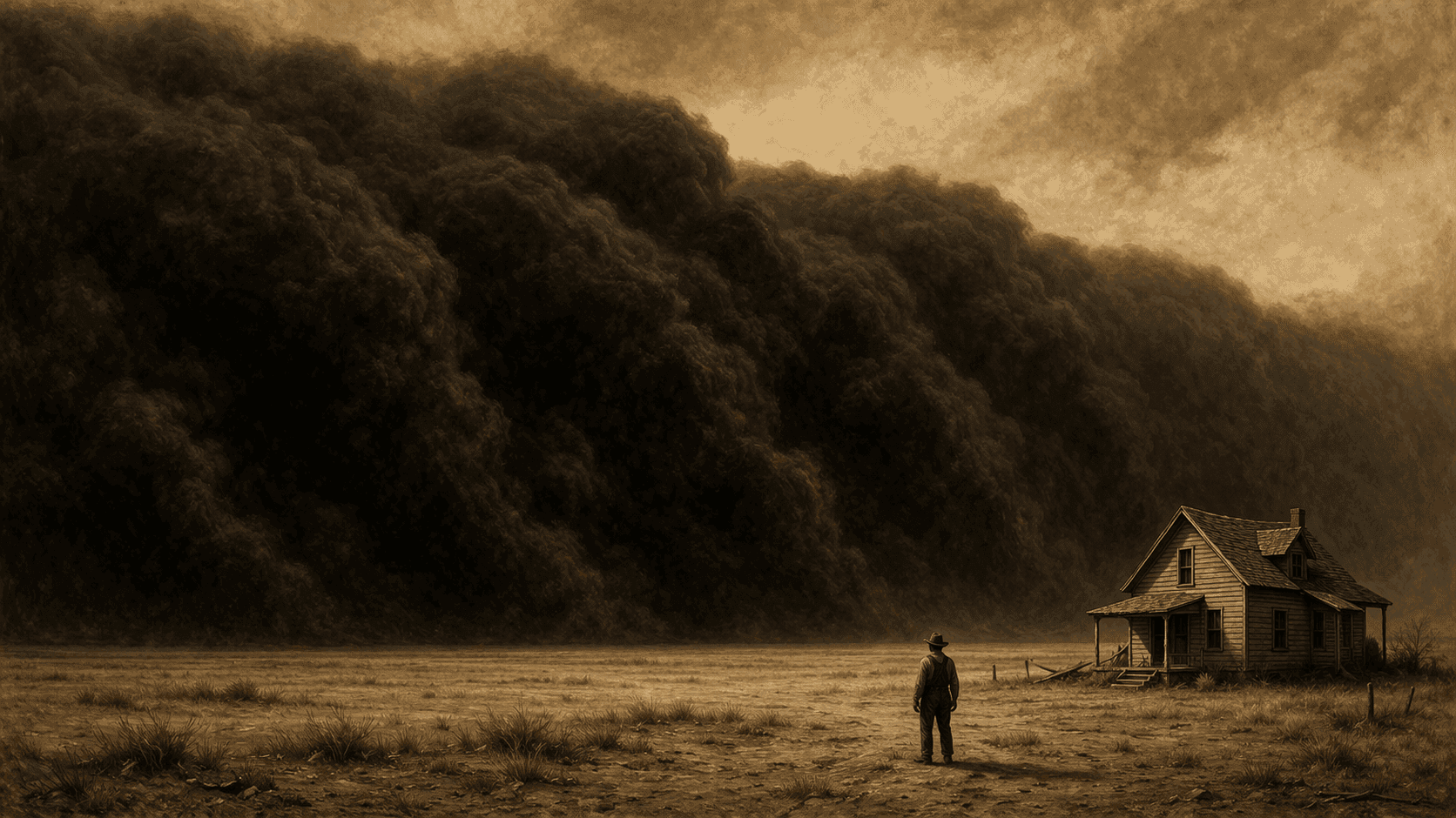 A massive wall of dark dust rolling across a flat treeless Great Plains landscape toward a small farmhouse in the foreground