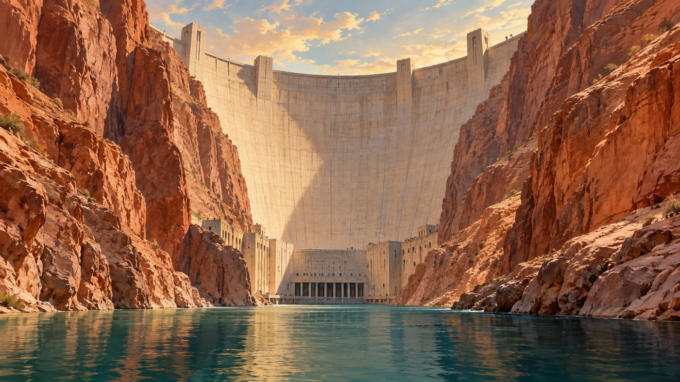 A painterly illustration of Hoover Dam seen from the canyon below — the massive curved concrete face of the dam filling the frame between sheer red canyon walls, the Colorado River calm in the narrow gorge at its base