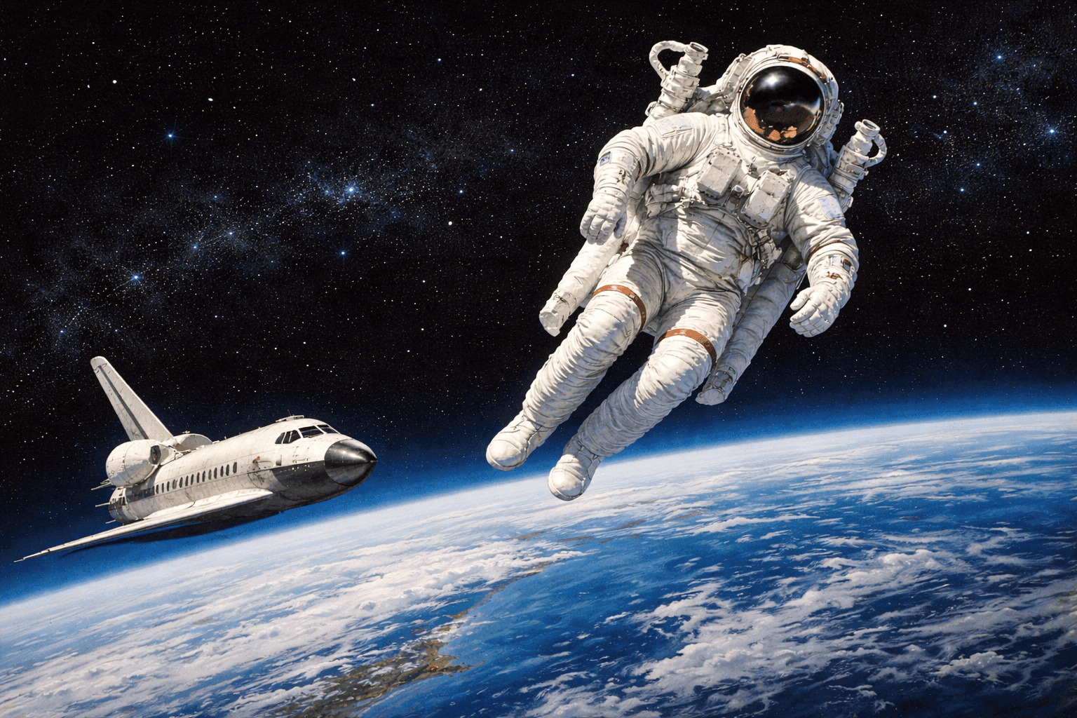 Astronaut Bruce McCandless floating untethered in space with Earth visible below and Challenger in background