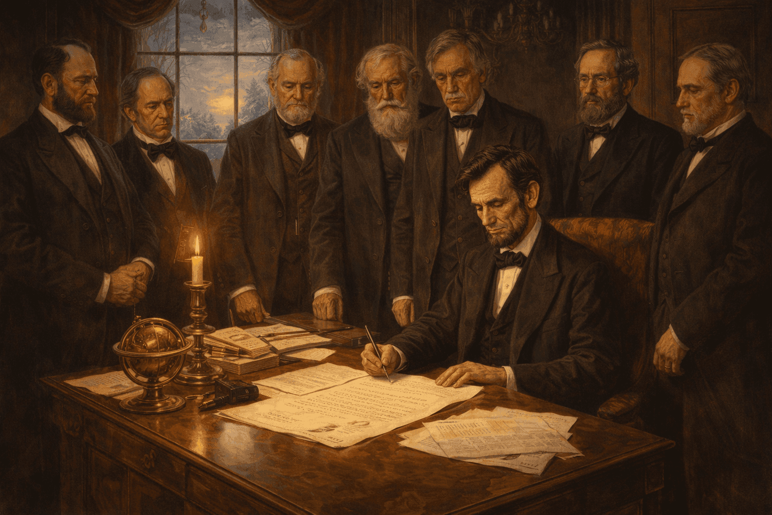 President Abraham Lincoln signing the Emancipation Proclamation at his desk surrounded by cabinet members in the White House
