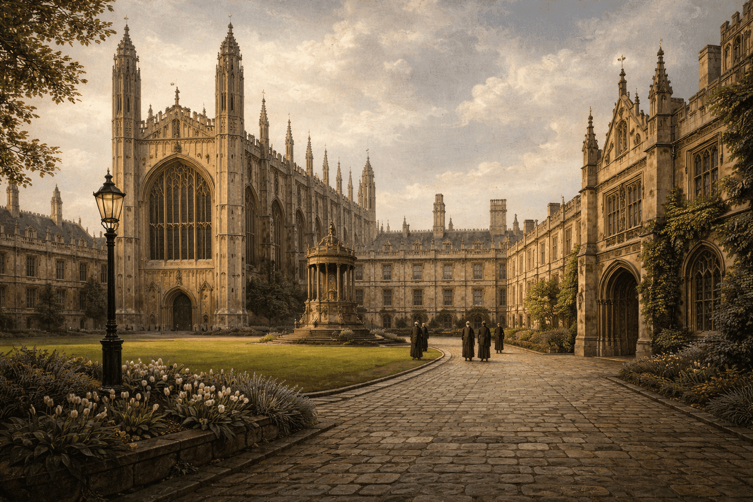 Historical illustration of Cambridge University with Gothic architecture and scholarly atmosphere