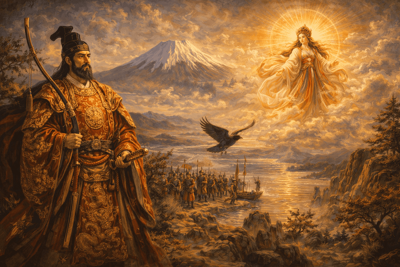 Emperor Jimmu in traditional ancient Japanese imperial regalia with symbolic elements representing Japan's mythological founding in a landscape setting