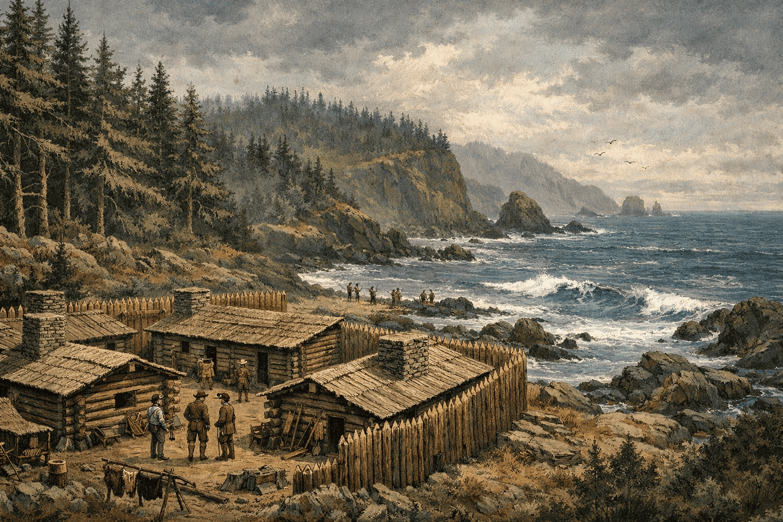 Historical illustration of Pacific Northwest landscape with rugged coastline, dense forests, and Fort Clatsop structures