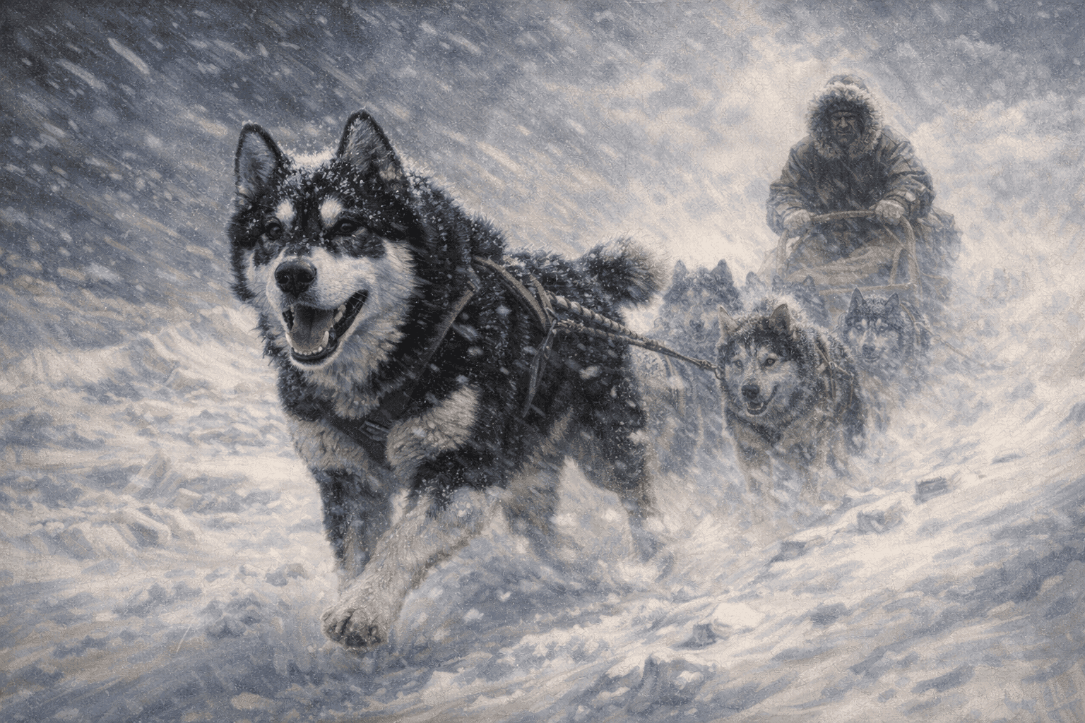 Balto the sled dog leading his team through an Alaskan blizzard with musher Gunnar Kaasen visible behind