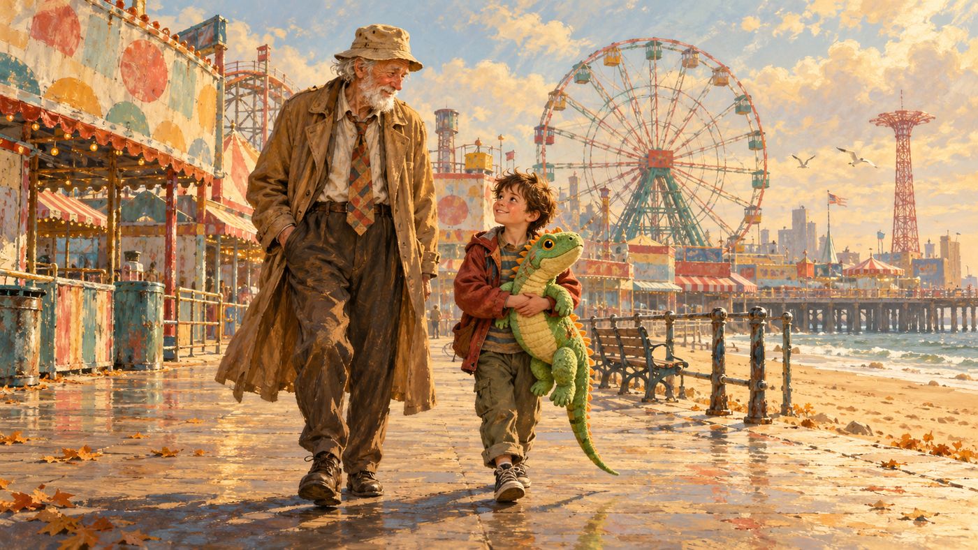 An elderly man in a bucket hat and trench coat walking with a young boy holding a plush lizard along a Coney Island street
