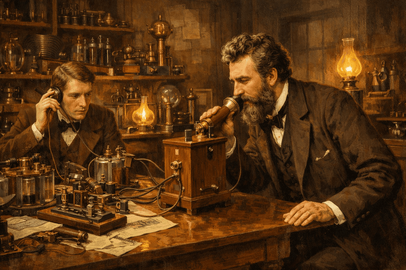 Historical illustration of Bell's 1876 Boston laboratory with early telephone equipment and Victorian scientific apparatus