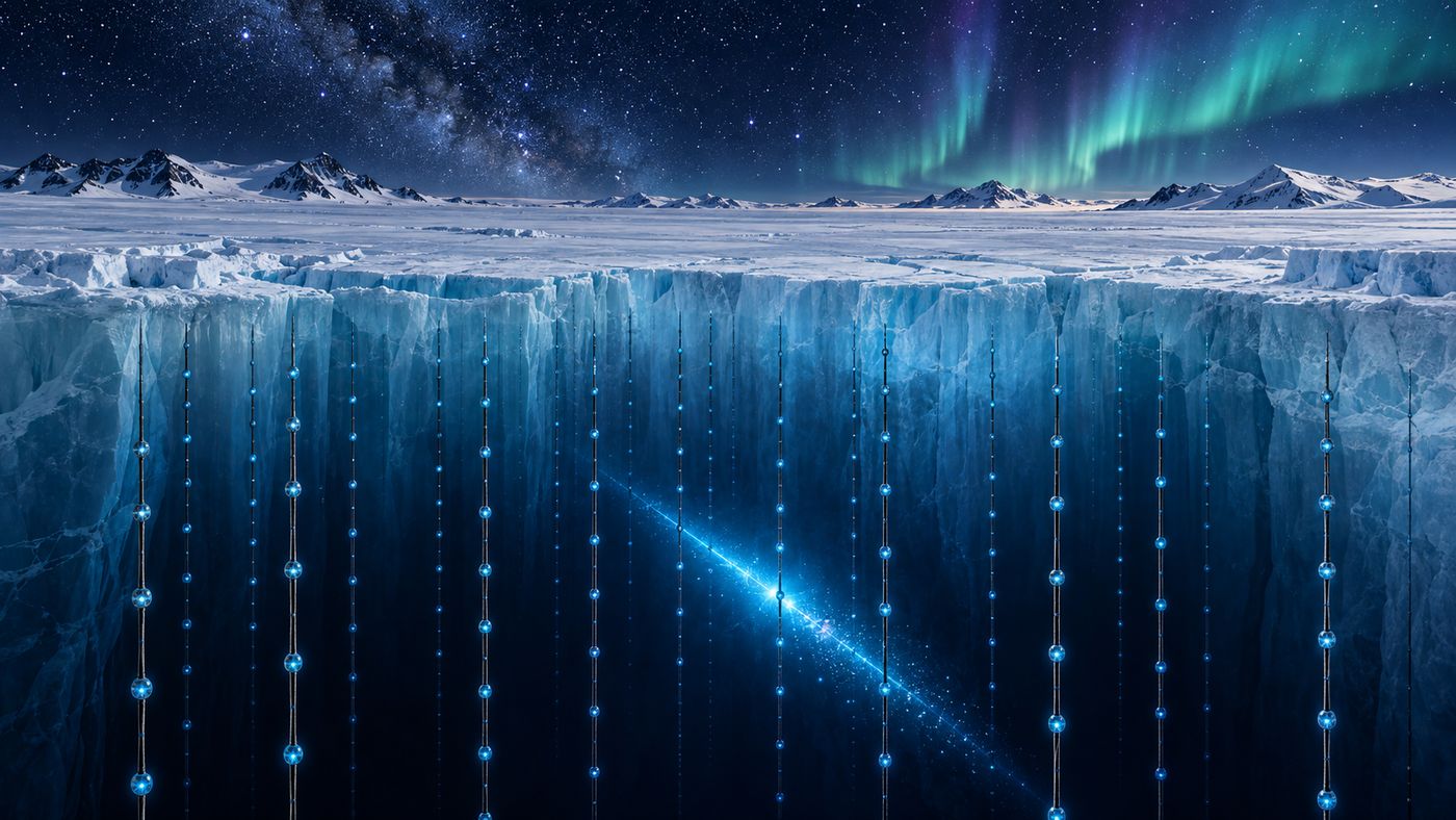 Glowing sensor strings descending into deep Antarctic ice beneath a starry polar sky